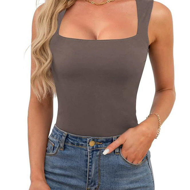 2025 Cross-border European and American Spice Girls Wear Sling Vest Women's Summer Sleeveless Off-Shoulder Square Neck Threaded Shoulder Strap Top Women