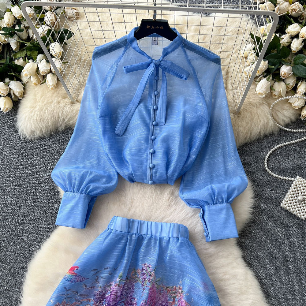 Fashionable and western style, light and mature style, bowstie back, lantern sleeves, printingshirt, women's high waist, large swing skirt, two-piece set