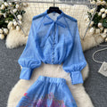 Fashionable and western style, light and mature style, bowstie back, lantern sleeves, printingshirt, women's high waist, large swing skirt, two-piece set
