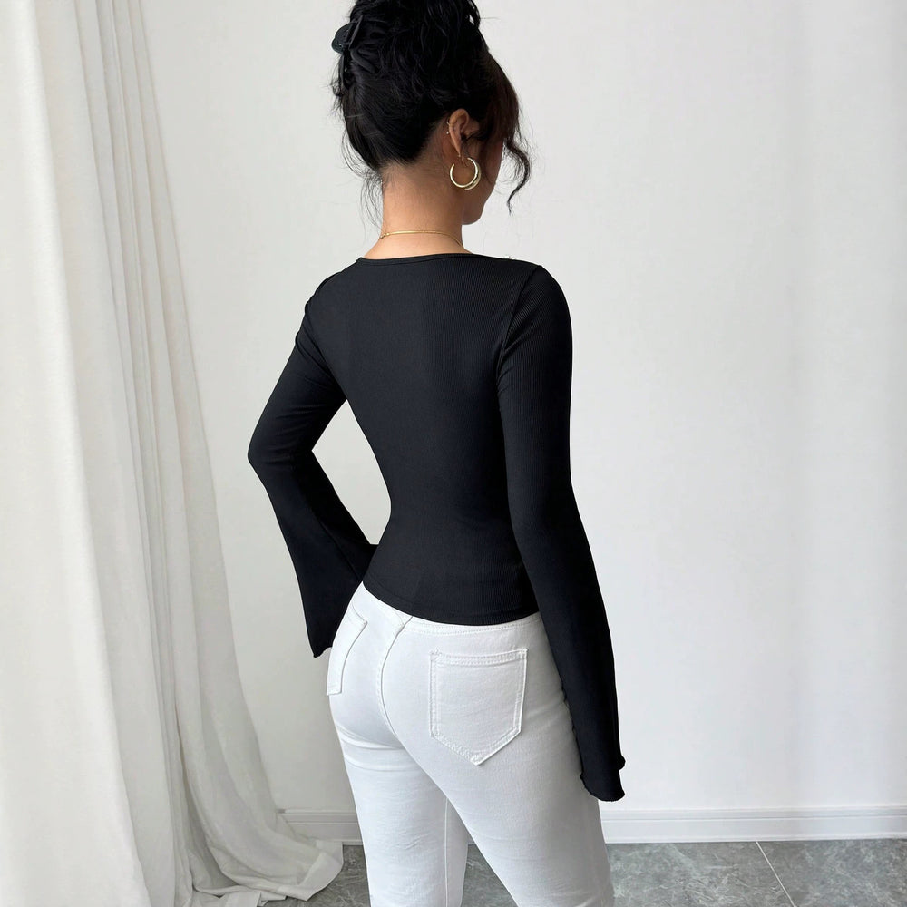 premium black square neck t-shirt for women - pearl embellished flare sleeve slim fit long sleeve top