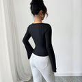 premium black square neck t-shirt for women - pearl embellished flare sleeve slim fit long sleeve top