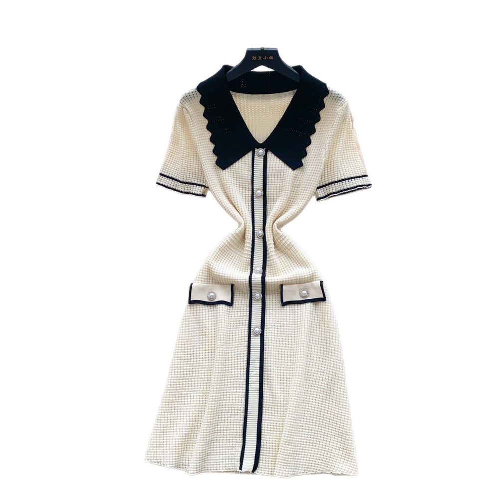 Frenchretrofashionablecontrast colorpolo collar short-sleeved dress women's summer metal buckle waist slimming lookknitting skirt