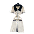 Frenchretrofashionablecontrast colorpolo collar short-sleeved dress women's summer metal buckle waist slimming lookknitting skirt