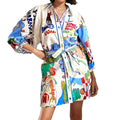 cross-border  women's clothing: summer new linen casual printed shirt cardigan tie-up dress for women
