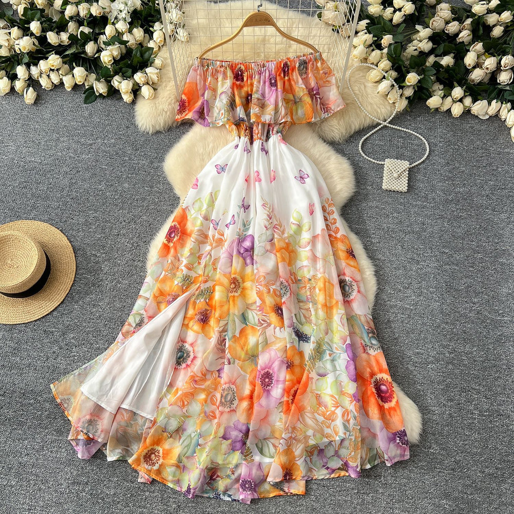 European and american sexy vacation style off-the-shoulder ruffle trim patchwork waist-tie elegant long maxi printed chiffon dress