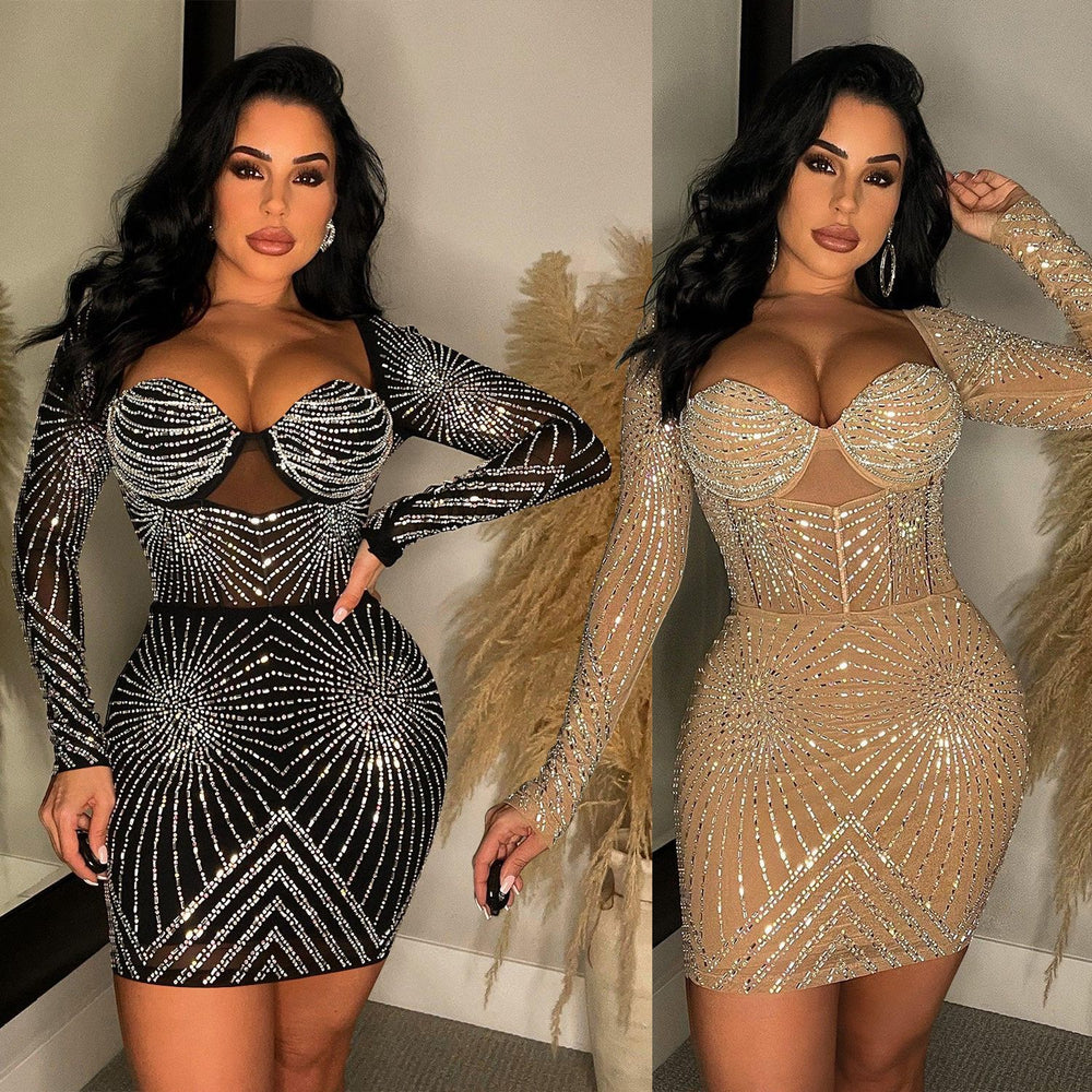 C6243 cross-border   fashion women's solid color mesh rhinestone long sleeve mini dress