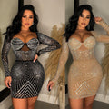 C6243 cross-border   fashion women's solid color mesh rhinestone long sleeve mini dress