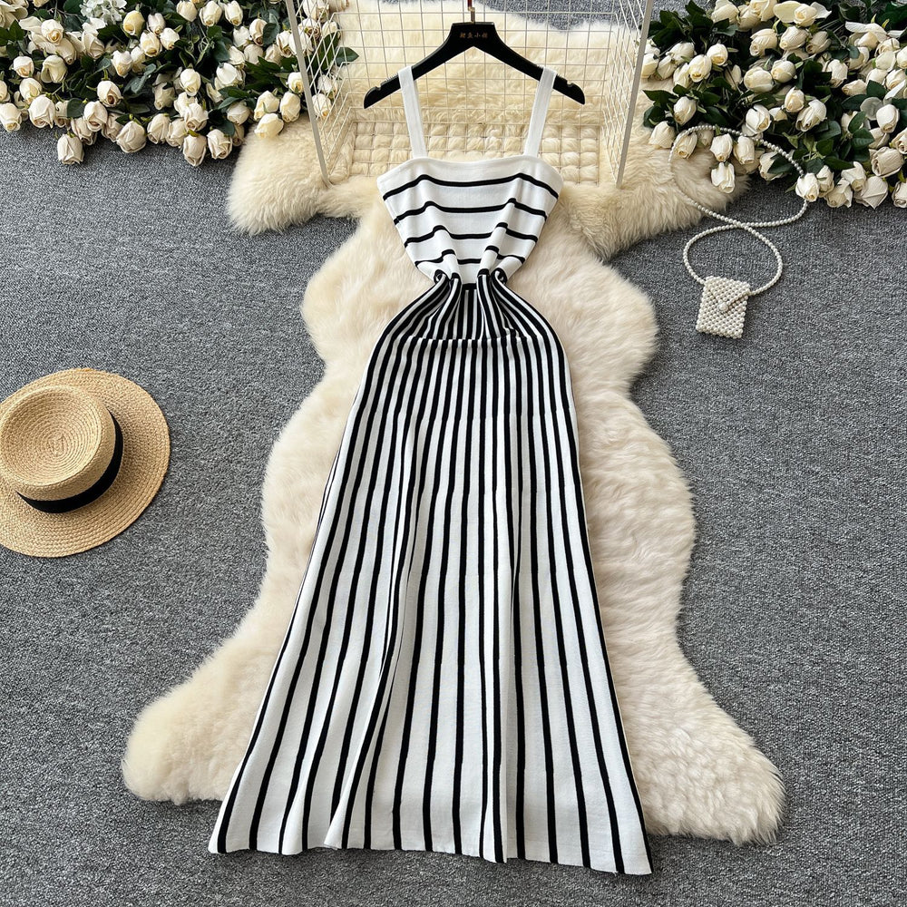 Feminine and chic:  summer fashion color-block knit midi dress - figure-flattering, slim-fit camisole dress