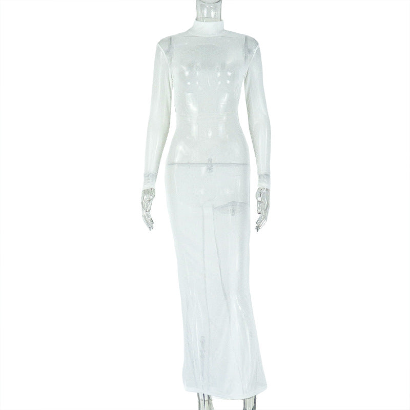 European and american style cross-border elegant slim-fit women's sexy backless bodycon dress with stand collar, long sleeves, solid color, and slimming long dress