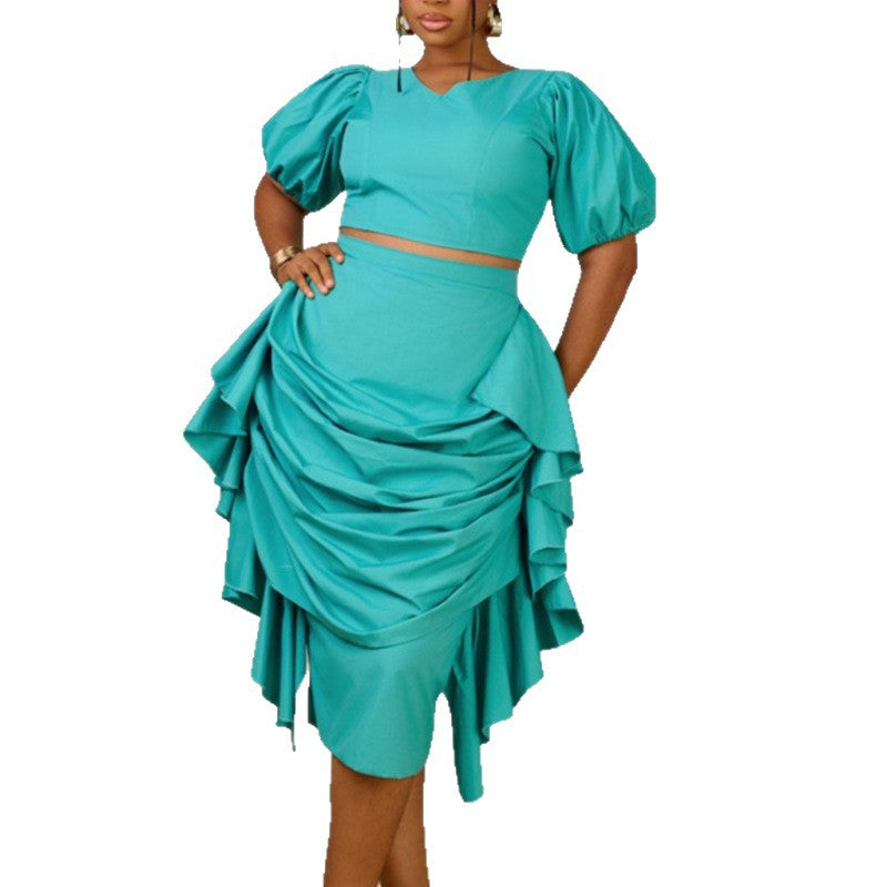 European and american women's clothing  autumn new collection: sweet and fresh v-neck puff sleeve blouse with high-waisted bodycon midi skirt two-piece set
