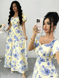 Fashion cross-border  french printingdress low collar chest pleated design short flying sleeves high waist long