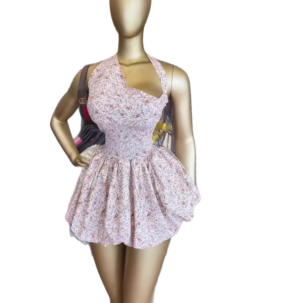 European and american cross-border women's fashion:  summer new arrivals - sweet and cute asymmetrical neck, cinched waist, floral print, tulip hem mini dress