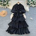 French retro court style, heavily embellished rhinestone lantern sleeve, tie-waist, slimming, elegant ruffle hem pleated dress