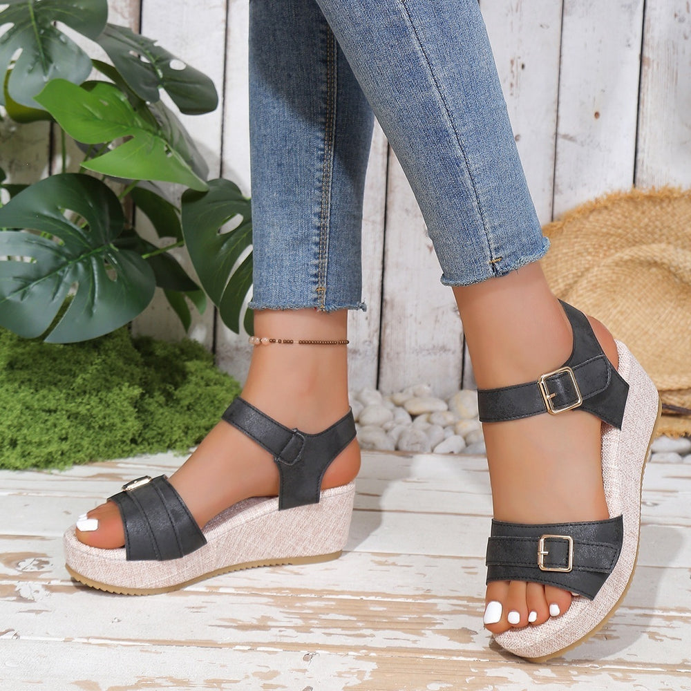 plus size  spring/summer new buckle strap peep-toe wedge heel platform stitched sandals