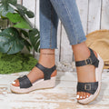 plus size  spring/summer new buckle strap peep-toe wedge heel platform stitched sandals