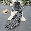 Fashionfashionableprintingsuit women's autumclassy round neck long sleevesknittingcardiganoutwearhigh waistloose pants