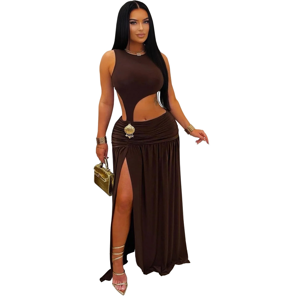 C7597 cross-border   fashion women's sexy solid color sleeveless cropped slit dress