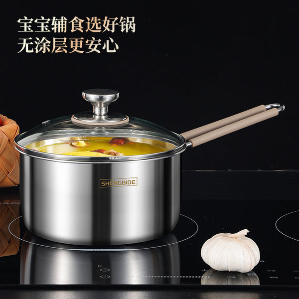 SHENGBIDE stainless steel three-layer steel milk pot food grade 304 baby complementary food pot extra thick small cooking pot silicone handle