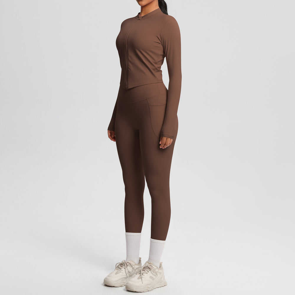 nude double-sided brushed tight long sleeves yoga suit outdoor running slimming look fitness pants sports suit women