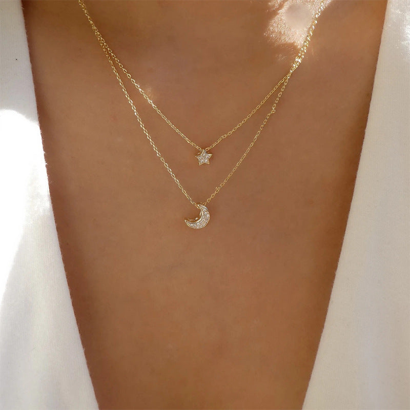 Star necklace wholesale fashion cross-border casual jewelry niche style full diamond multi-layer alloy moon jewelry women's sweater chain