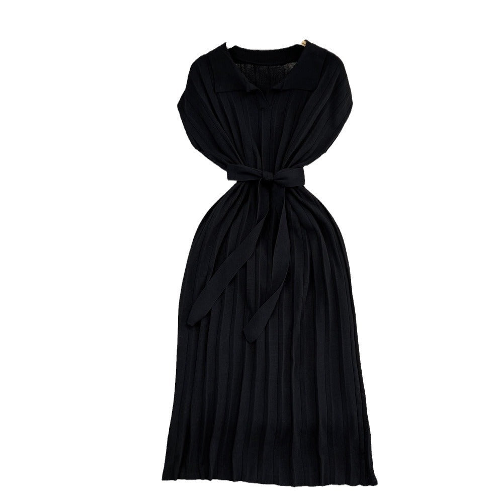 summer french retro chic polo collar loose fit waist tie a-line knit maxi dress