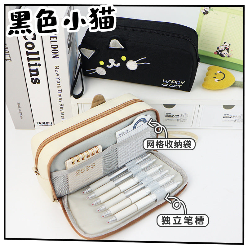 Pencil bag custom primary school students niche pencil case large capacity high value cat stationery bag junior high school girls pencil bag