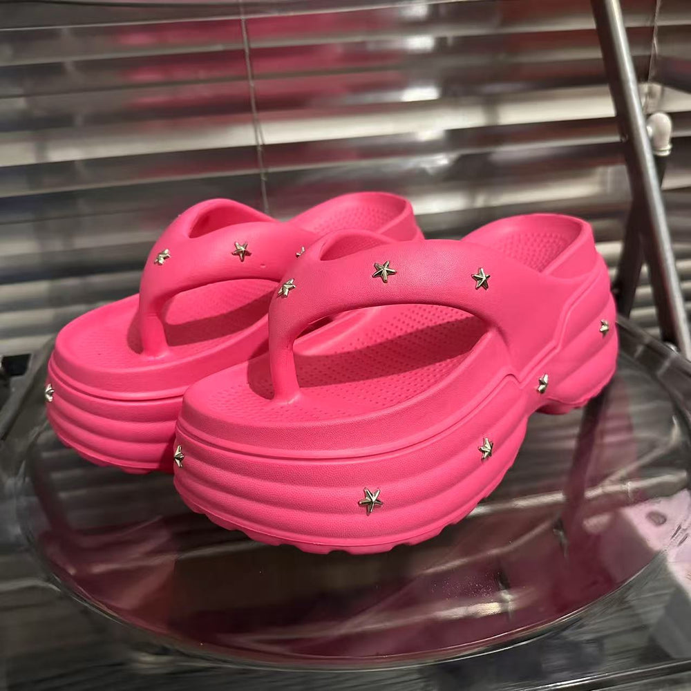 9cm height increasing slippers women's summer 2024 new fashion star flip flops women's beach shoes platform sole slippers