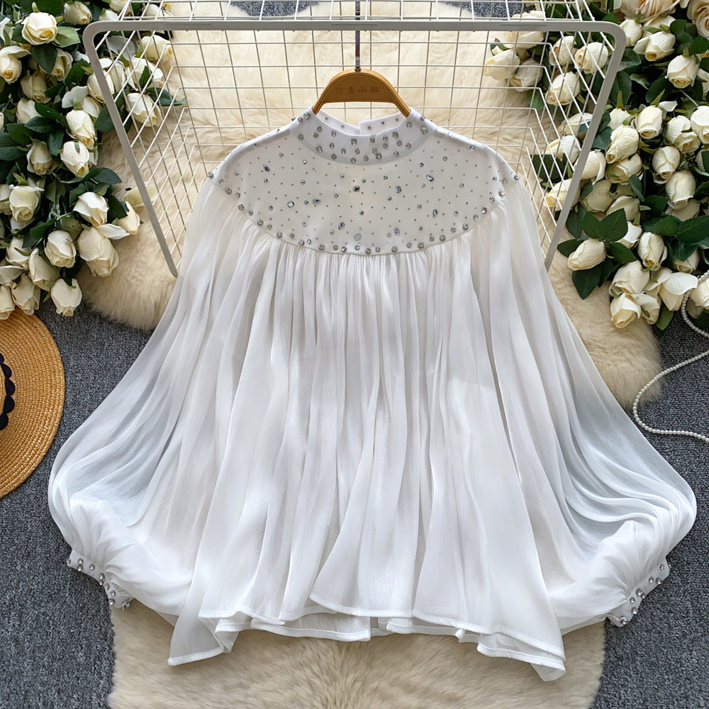 French style palace style heavy industry hot diamond mesh patchwork lantern sleeve streamer mesh shirt loose flesh-covering tops