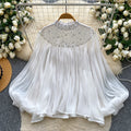 French style palace style heavy industry hot diamond mesh patchwork lantern sleeve streamer mesh shirt loose flesh-covering tops
