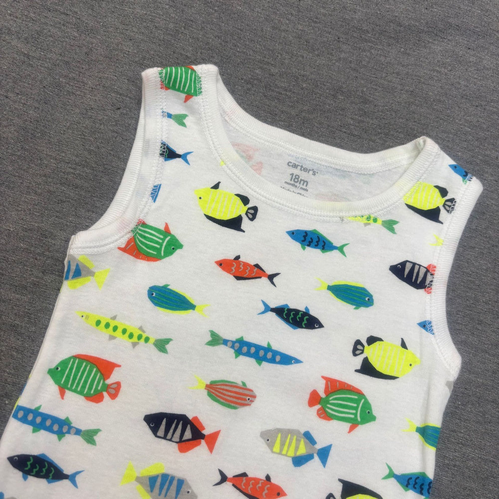 Export baby boy sleeveless khaki colorful fish printing baby pure cotton vest butt wrap summer breathable one-piece
