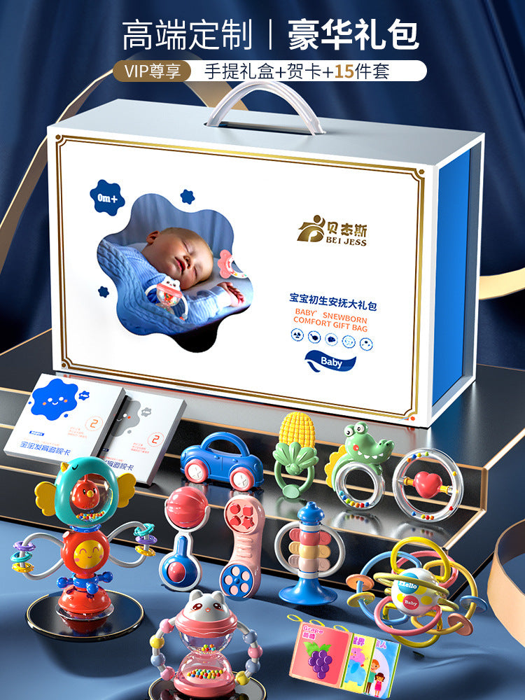 Infant rattle toy, boilable educational teether, chewable newborn baby hand rattle with storage box for infants and children