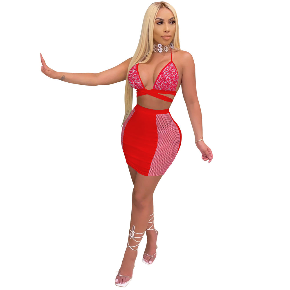 C3645 cross-border new product   fashion european and american nightclub skirt hot diamond cross strap backless two-piece set