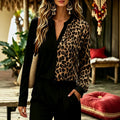 Black and brown leopard print color block plus size top - mandarin collar cardigan, long sleeve, patchwork, casual commute, loose fit women's shirt