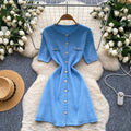 Xiaoxiangfengclassyfashionable metal buckle silm short-sleeved dress women's summer waist slimming lookelegantsweater skirt