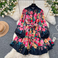 European and american retro court style dress - women's elegant socialite lantern sleeve stand collar button-down waist-defining printed midi dress