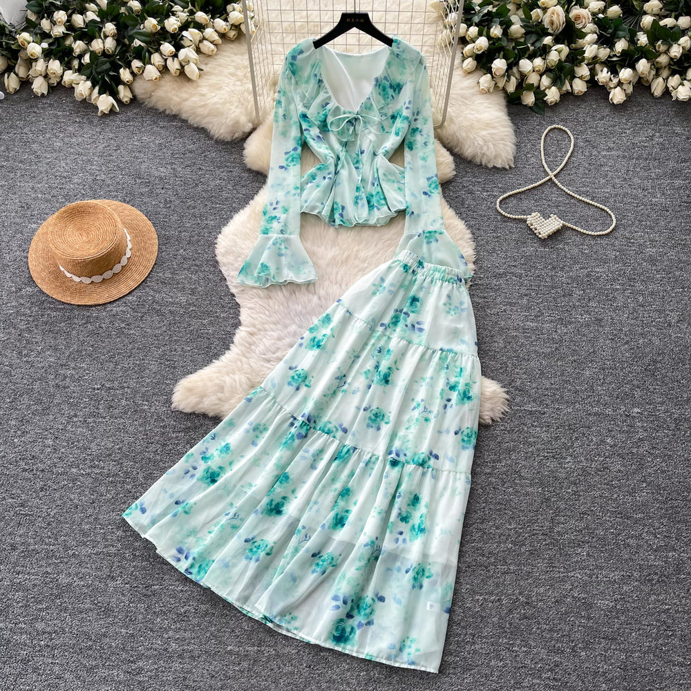 French romantic rose floral two-piece set for women - spring v-neck floral print lantern sleeve slimming chic outfit