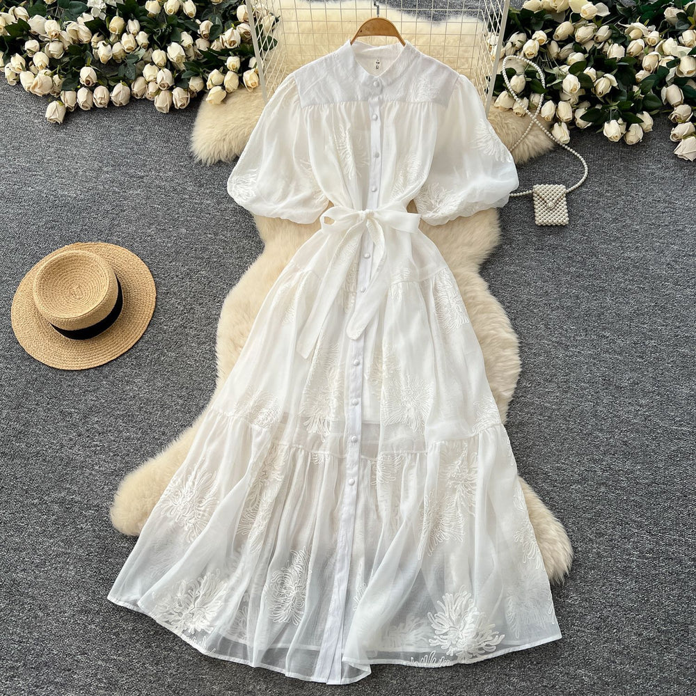 Palace style classy heavy industry embroider puff sleeve dress female summerfrench strap waist single breasted long skirt