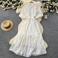 Palace style classy heavy industry embroider puff sleeve dress female summerfrench strap waist single breasted long skirt