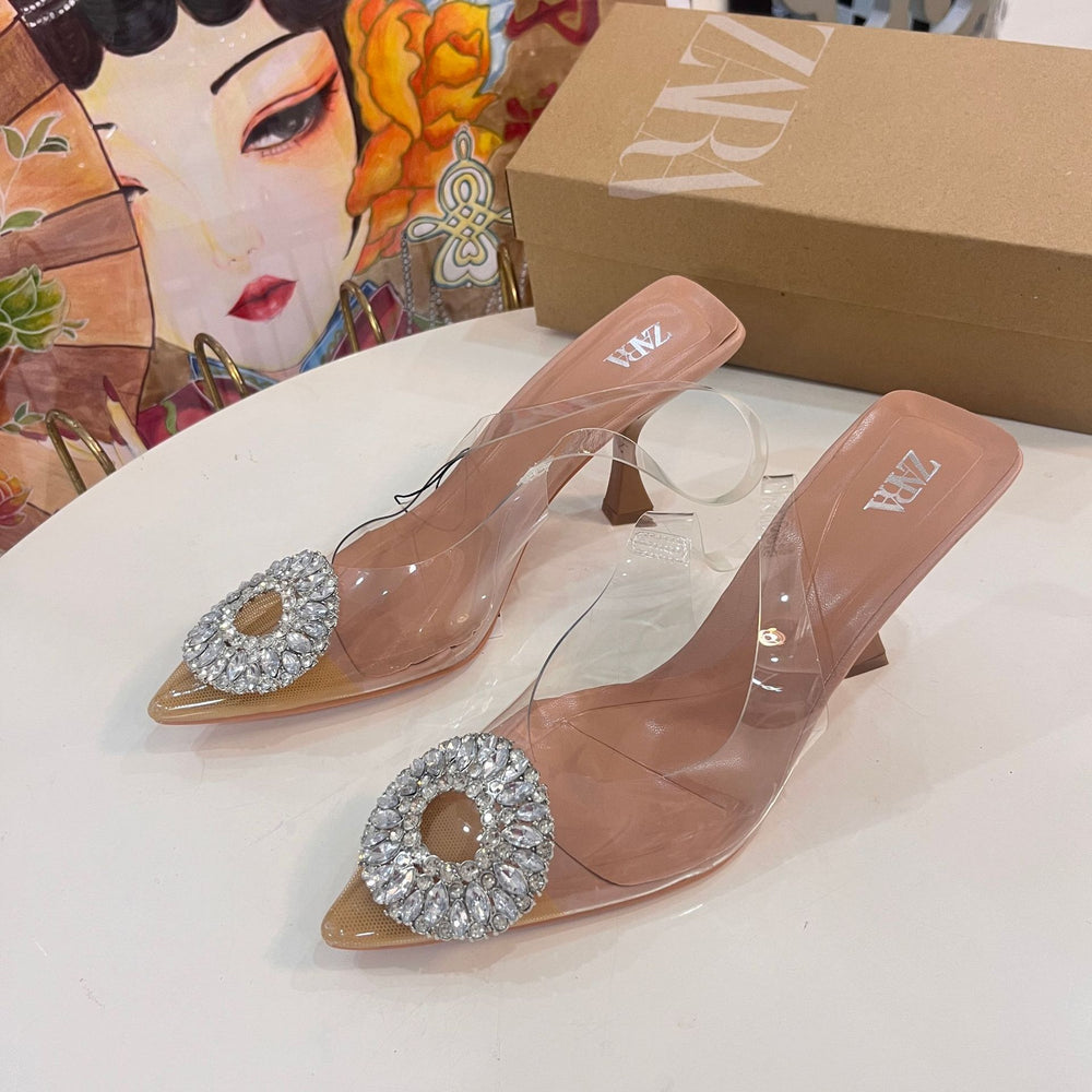 Za 2024 summer new arrivals: women's clear rhinestone elegant fairy crystal mules, high heel pointed toe sandals
