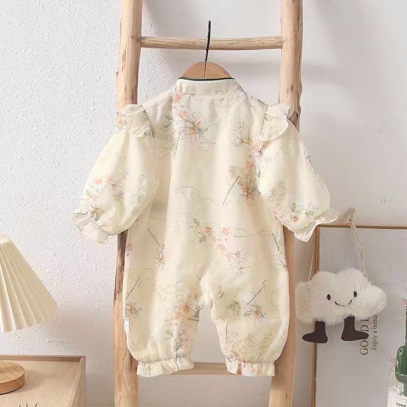 Chinese style outing clothes sweetcutecheongsam baby girl spring & fall jumpsuit baby spring clothes thin style khaki hundred days