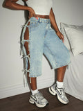 Fashionjeans women's side multi-straps cut out washed light blue loosestraight-leg denim cropped pants hot girl