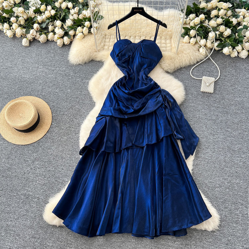 French goddess style design square neck bandeau strap ruched waist ruffle hem mini dress long gown