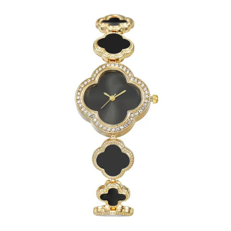 Women's quartz watch with emerald and clover charm bracelet - luxury vintage fashion timepiece