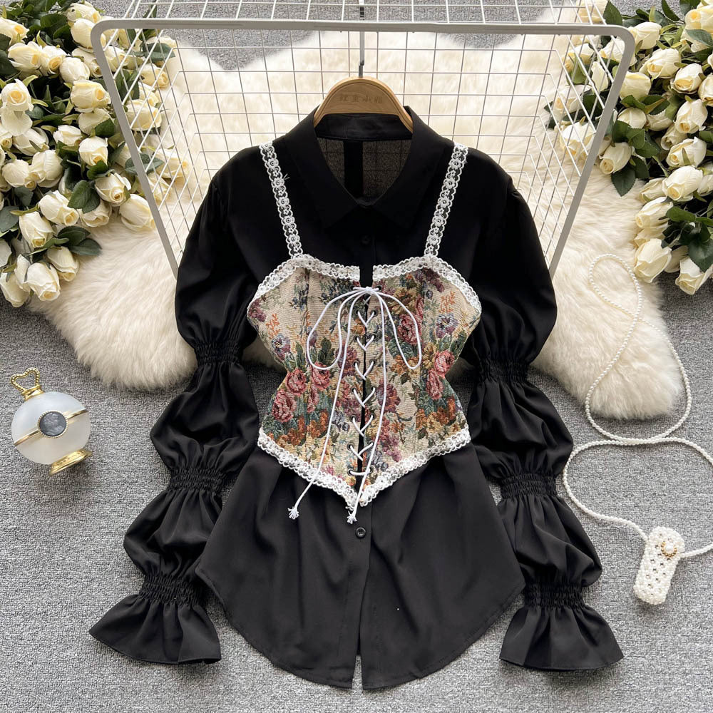 spring/summer new arrival: designer retro floral tie-up vest overdress, midi a-line puff shirt dress