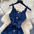 Vintage denim cami dress - women's summer a-line maxi dress with button detail, tie waist, and commute-friendly design
