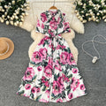 French chic elegant printed dress - women's summer  tie-waist slimming collared short sleeve shirt dress