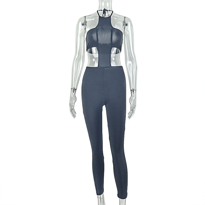 Fashionable european and american solid color women's fashion design bodycon streetwear jumpsuit sexy backless bandeau halter bodysuit