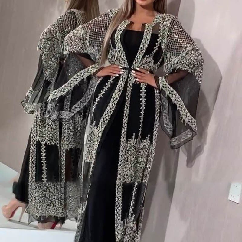 new cross-border fashion women's hot stamping flared dress sexy maxi dress shawl banquet evening gown