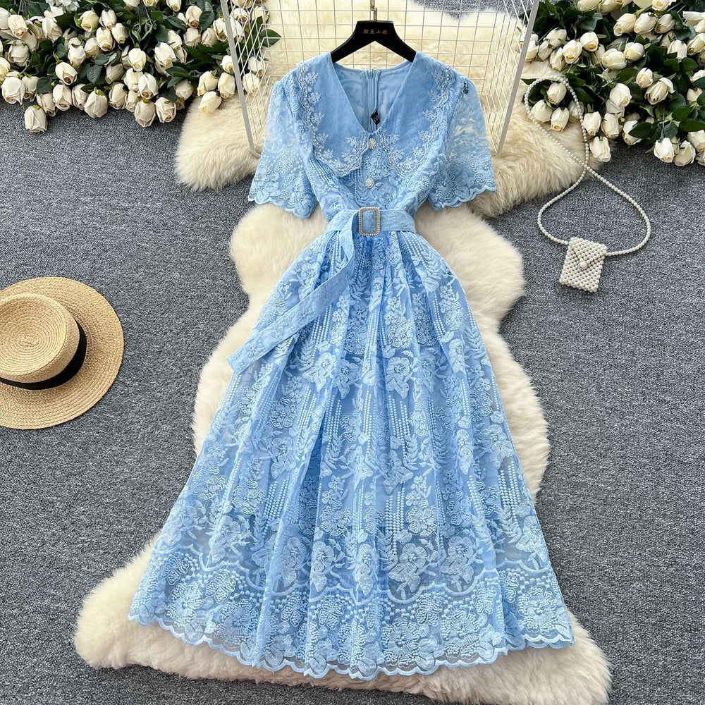 Frenchclassyheavy industry lace doll collar short sleeve waist embroiderdress women's summer slimming lookelegantlong skirt