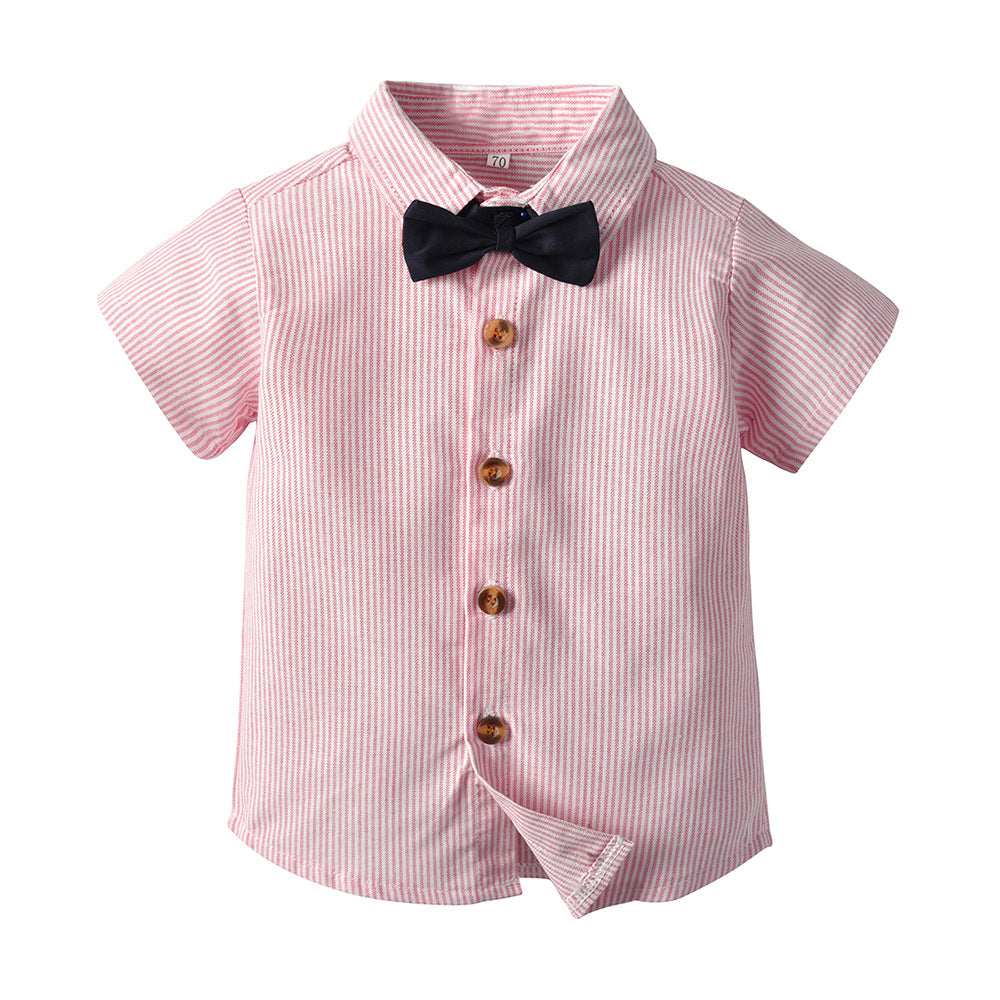 Boys' gentleman style short-sleeve shirt - lapel collar performance costume, formal top, student striped shirt - customizable